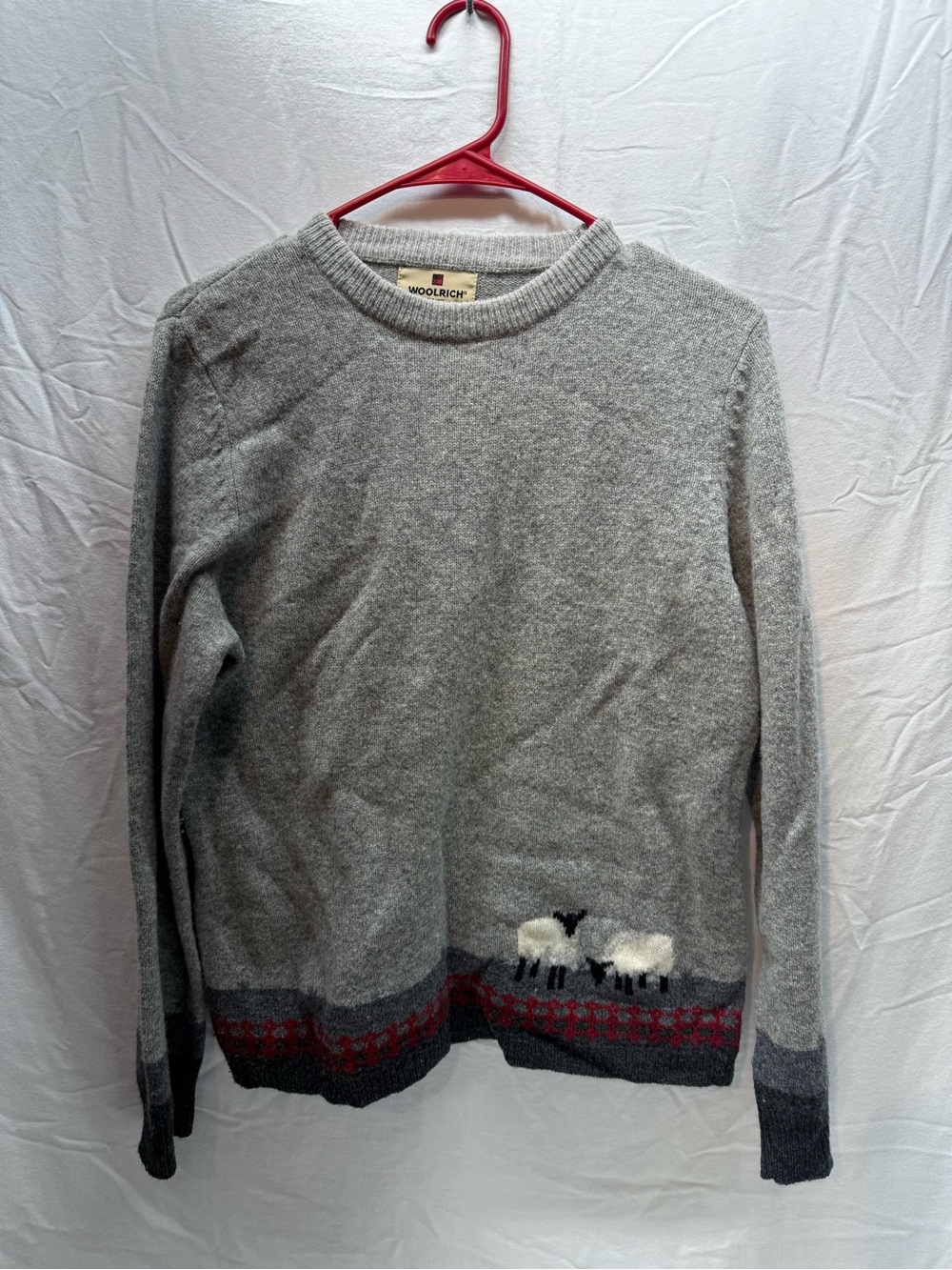 Woolrich 100% Lambswool Sheep Sweater Women M Gray Fair Isle Cottagecore
